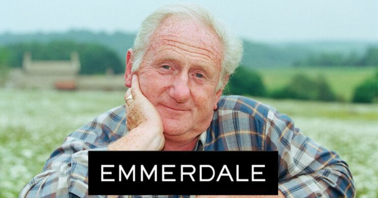 Emmerdale star Peter Martin as Len Reynolds with the Emmerdale logo comp image
