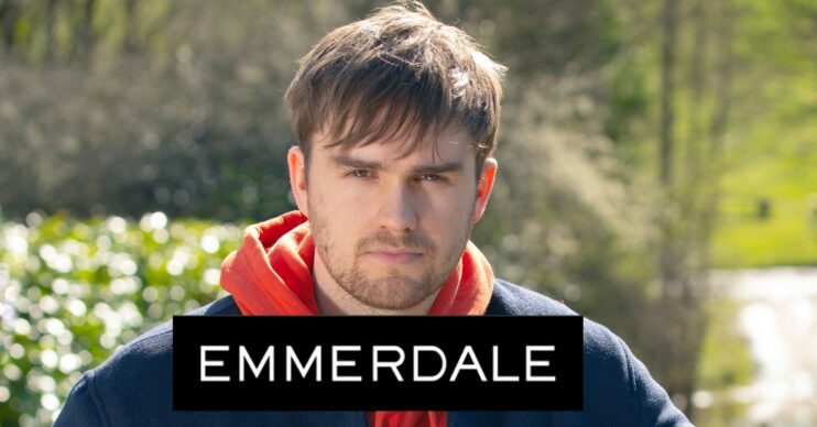 Emmerdale's Tom King with the Emmerdale logo comp image