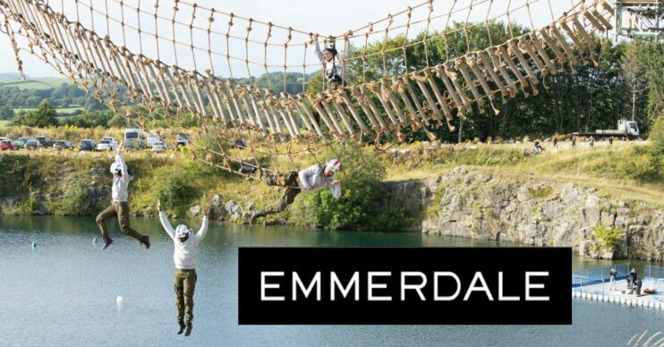 Emmerdale logo comp image with rope bridge stunt as the backdrop