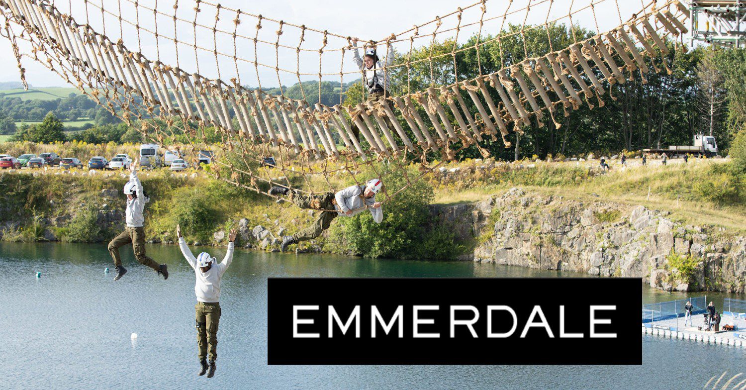Emmerdale logo comp image with rope bridge stunt as the backdrop