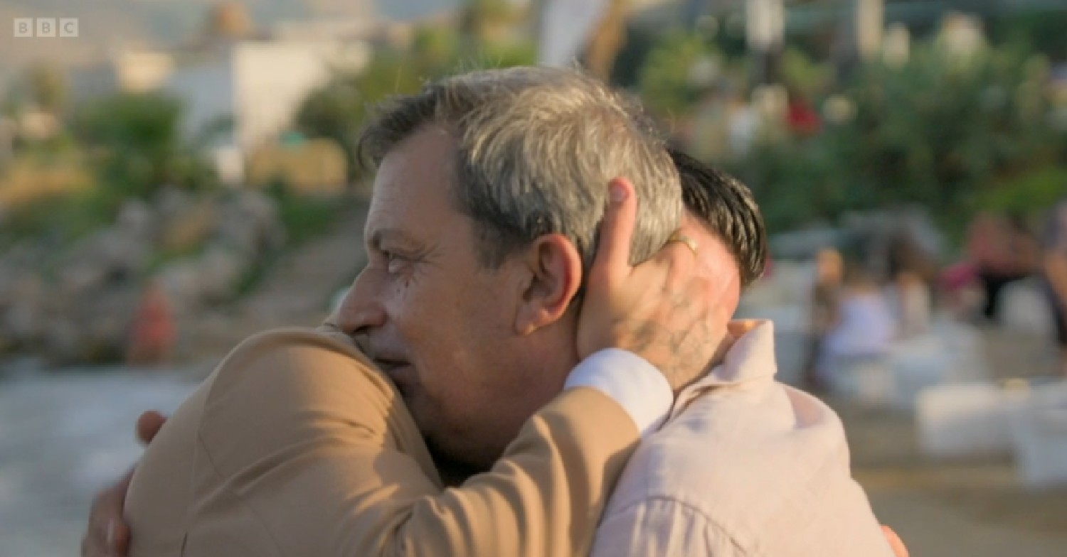 Giovanni Pernice hugging his dad in Sicily travel show