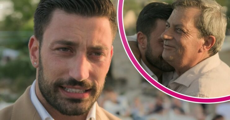 Giovanni Pernice talking to the camera, Giovanni hugging his dad