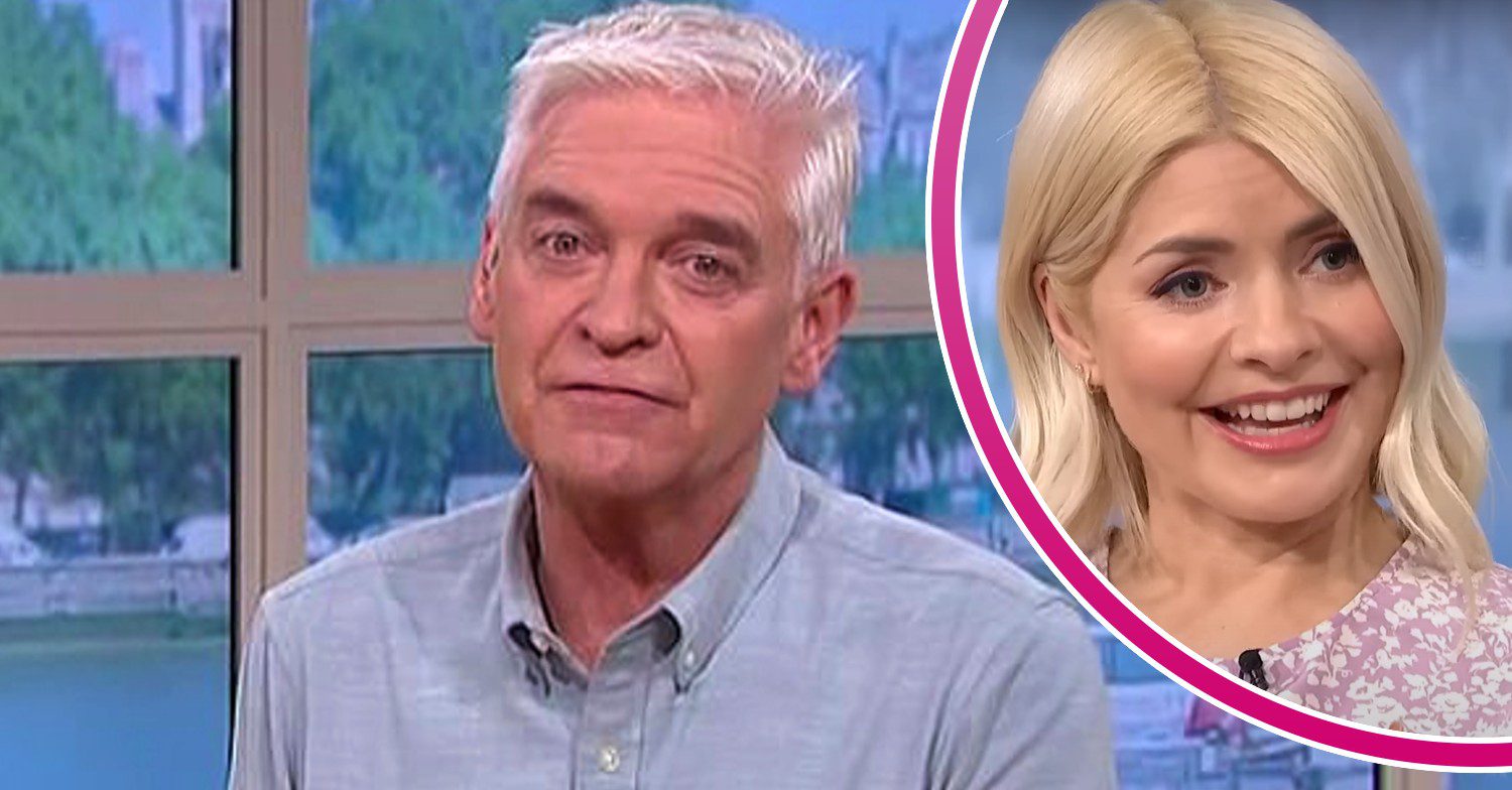 Phil looking serious and Holly smiling on This Morning