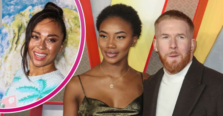 Katya Jones smiling, Chyna Mills and Neil Jones at premiere