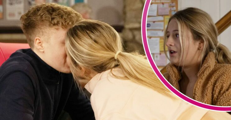 Noah and Amelia kiss on Emmerdale; inset, she looks scared (Credit: ITV/Composite: Entertainment Daily)