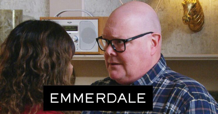 Paddy looks earnestly at Chas on Emmerdale; inset, show logo (Credit: ITV/Composite: Entertainment Daily)