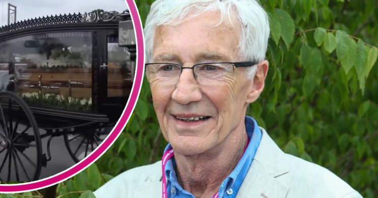 Paul O'Grady's coffin and a picture of him smiling
