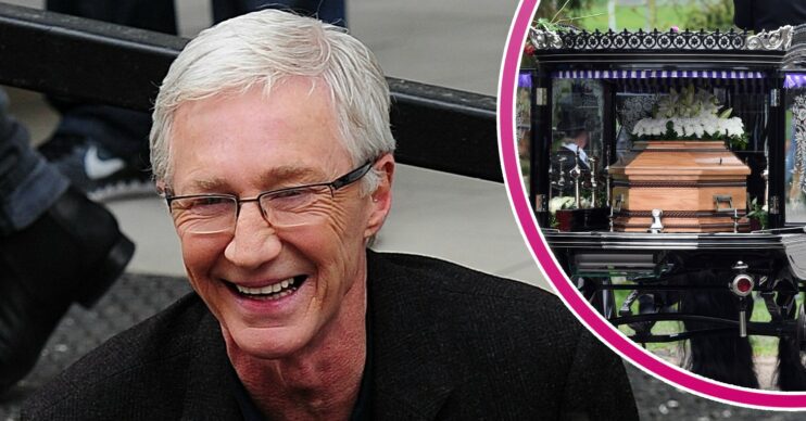 Paul O'Grady smiling, and his coffin in carriage