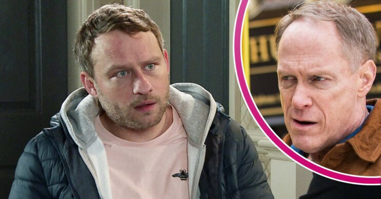 Paul looks shocked on Coronation Street; inset, Stephen looking malicious (Credit: ITV/Composite: Entertainment Daily)