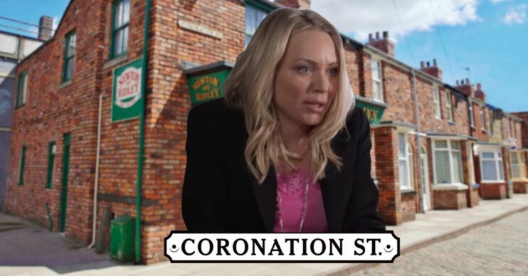 Rita Simons as Roxy on EastEnders; composited against Coronation Street background and logo (Credit: ITV/BBC/YouTube/Composite: ED!)