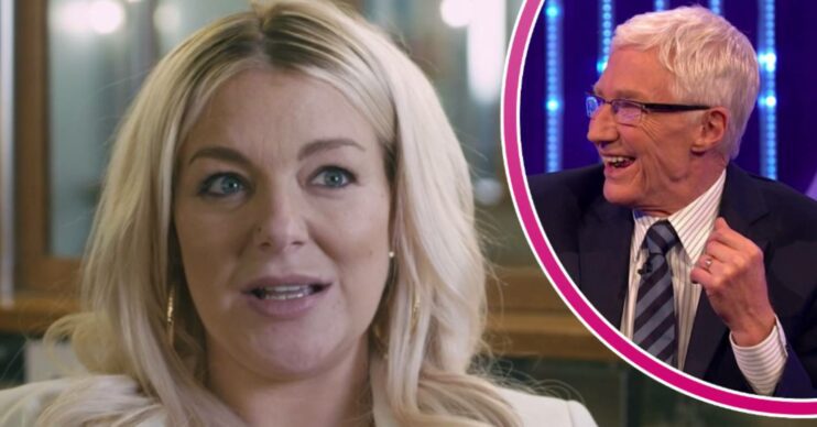 Sheridan Smith looks sad, Paul O'Grady looks to his side and smiles