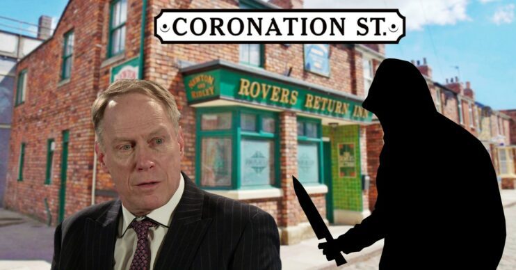 Stephen looking worried on Coronation Street; inset serial killer silhouette and show logo against Rovers background (Credit: ITV/Composite: Entertainment Daily)