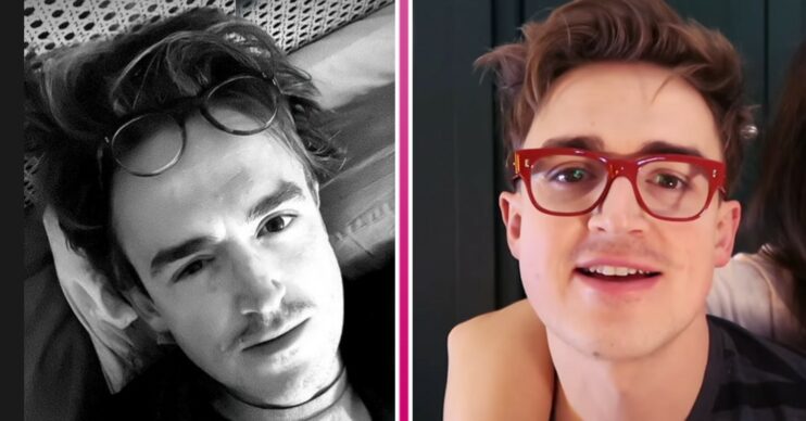 Tom Fletcher in a black and white pic and wearing glasses