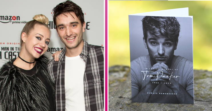TOM PARKER smiling with wife Kelsey and his order of service for his funeral