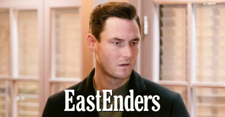 Zack looks worried on EastEnders; below, the show logo (Credit: BBC/Composite: Entertainment Daily)