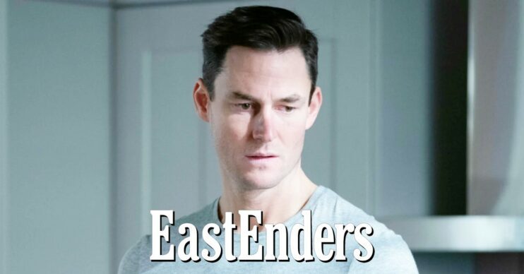Zack looks worried on EastEnders; inset, the show logo (Credit:BBC/Composite: Entertainment Daily)