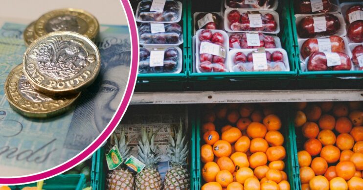 Pound coins and £5 note / fruit at a supermarket
