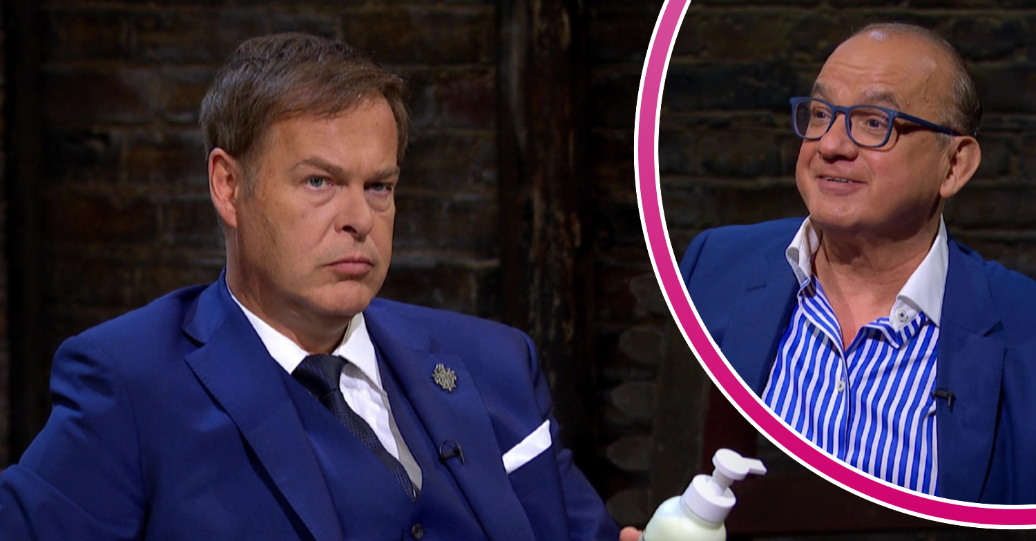 Peter Jones frowns while Touker smiles on Dragons' Den