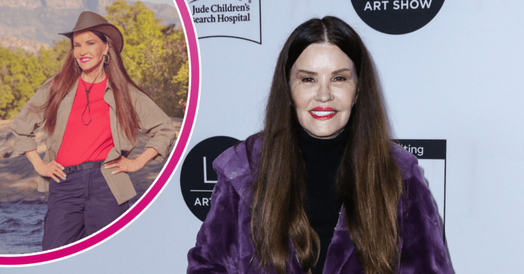 split image shows Janice Dickinson I'm A Celebrity press image and red carpet pic