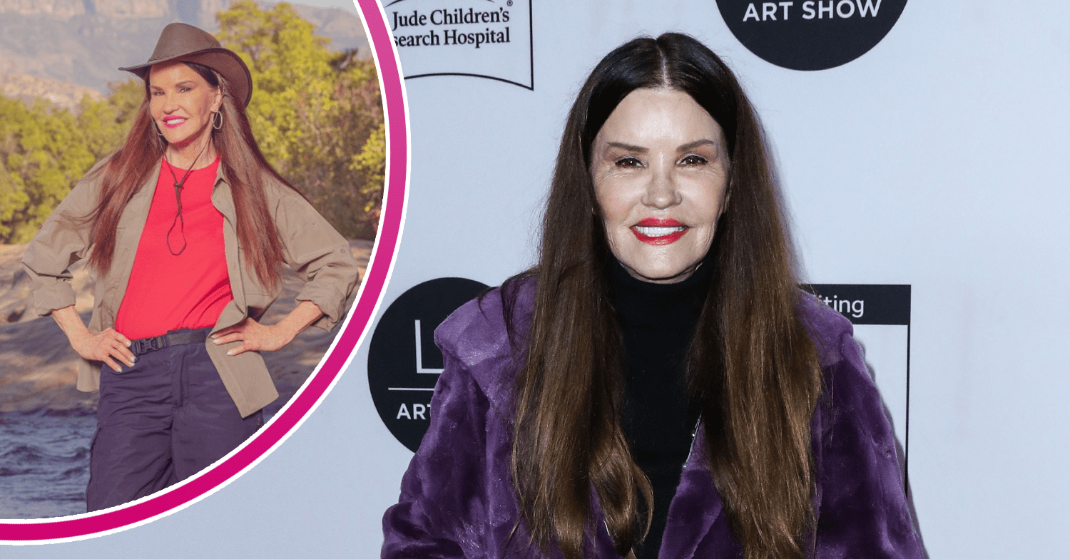 split image shows Janice Dickinson I'm A Celebrity press image and red carpet pic