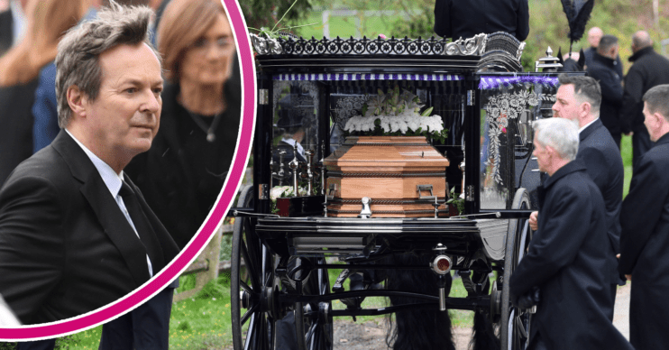 Split image of Julian Clary and the funeral car