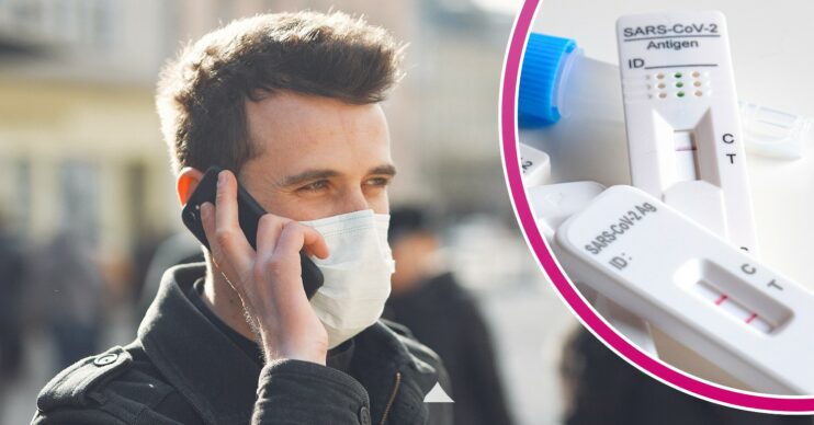 Man with a face mask on speaking on the phone / Covid tests