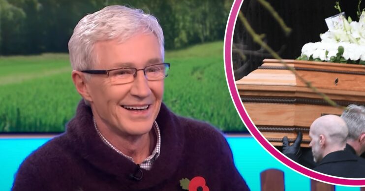 Paul O'Grady smiling on This Morning / Paul's coffin