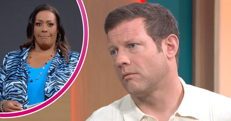 Dermot O'Leary looking annoyed on This Morning and Alison Hammond inset