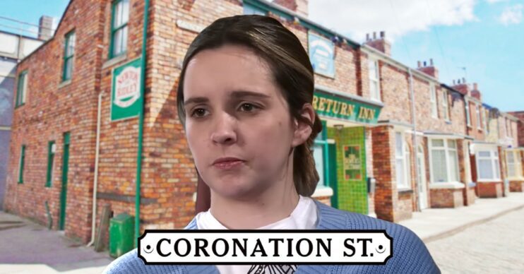 Composite of upset-looking Amy against Rovers background on Coronation Street (Credit: ITV/Composite: ED!)