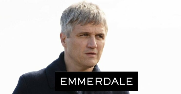 Caleb looking typically shifty on Emmerdale; show logo below (Credit: ITV/Composite: Entertainment Daily!)