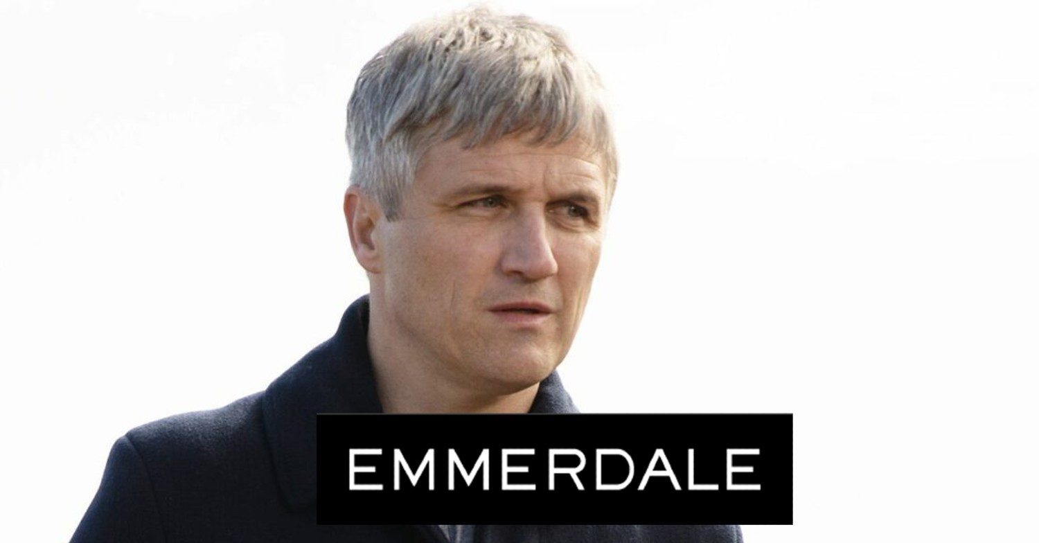 Caleb looking typically shifty on Emmerdale; show logo below (Credit: ITV/Composite: Entertainment Daily!)