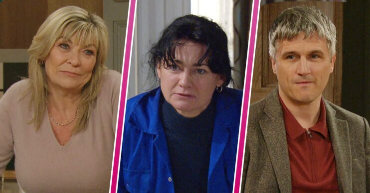 Composite image of Kim, Caleb and Moira on Emmerdale; Moira looks upset, Caleb and Kim look shifty (Credit: ITV/Composite: ED!)