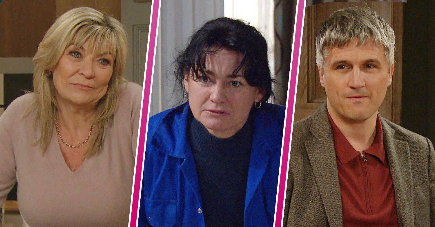 Composite image of Kim, Caleb and Moira on Emmerdale; Moira looks upset, Caleb and Kim look shifty (Credit: ITV/Composite: ED!)