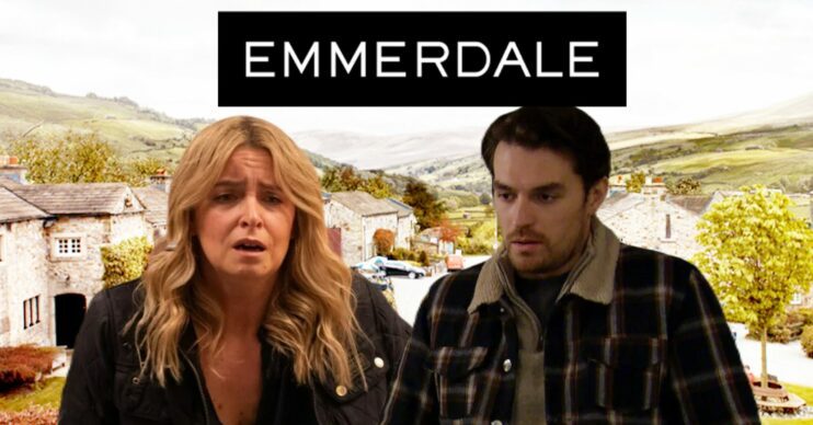 Composite image of Charity and Mack on Emmerdale - she looks shocked and horrified, he's looking shifty (Credit: ITV/Composite: Entertainment Daily)