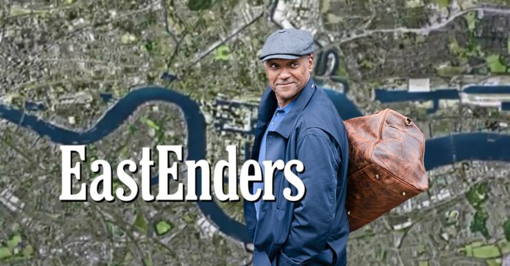 Colin Salmon as George Knight on a background of the EastEnders logo