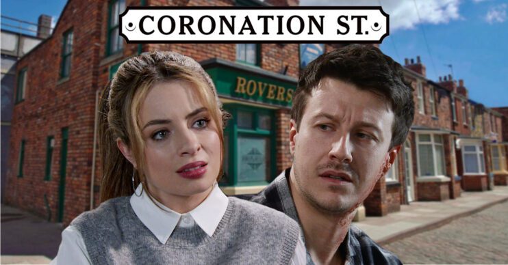 Coronation Street's Daisy, Ryan, the Coronation Street logo and background of the Rovers