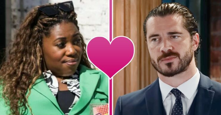 Coronation Street comp image: Dee-Dee and Adam with a heart emoji