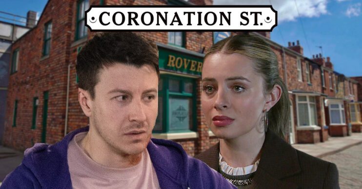 Coronation Street's Ryan, Daisy, the Coronation Street logo and background of the Rovers