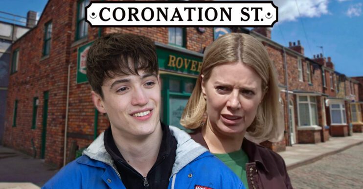 Coronation Street's Aaron, Abi, the Coronation Street logo and background of the Rovers