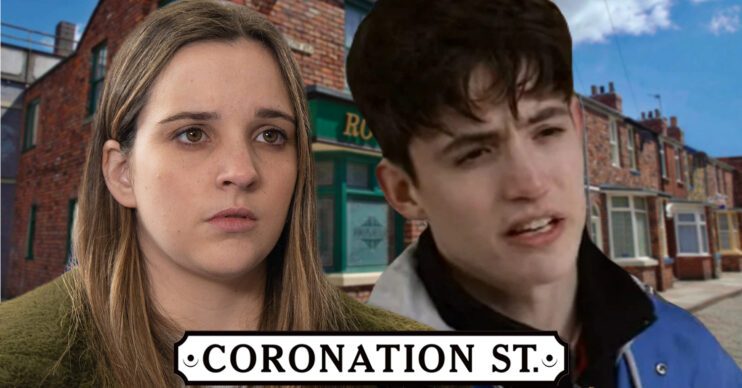 Coronation Street's Amy, Aaron, the Coronation Street logo and background of the Rovers