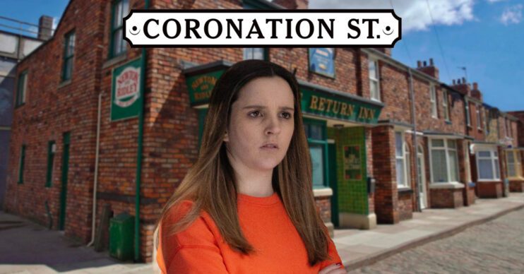 Coronation Street's Amy is looking shocked, with the Coronation Street logo and background of the Rovers