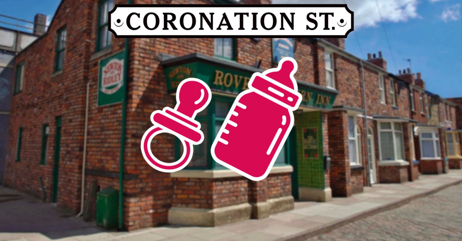 Coronation Street's logo and background of the Rovers with a pink baby bottle and dummy