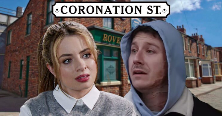 Coronation Street's Daisy, Ryan, the Coronation Street logo and the background of the Rovers