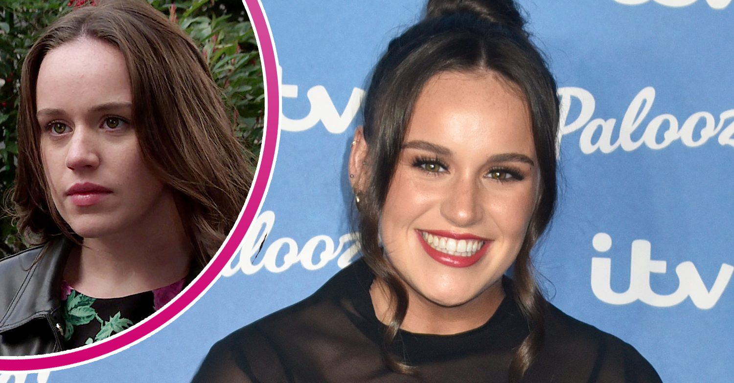 Coronation Street's Ellie Leach is smiling and, in a bubble, is Faye