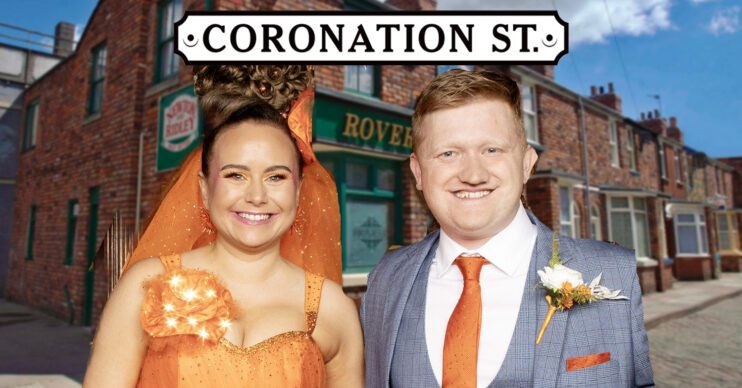 Coronation Street's Gemma and Chesney in wedding attire, the Coronation Street logo and background of the Rovers