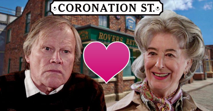 Coronation Street's Roy, Evelyn, a heart emoji, the Coronation Street logo and background of the Rovers