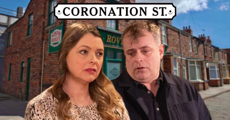 Coronation Street's Tracy, Steve, the Coronation Street logo and background of the Rovers