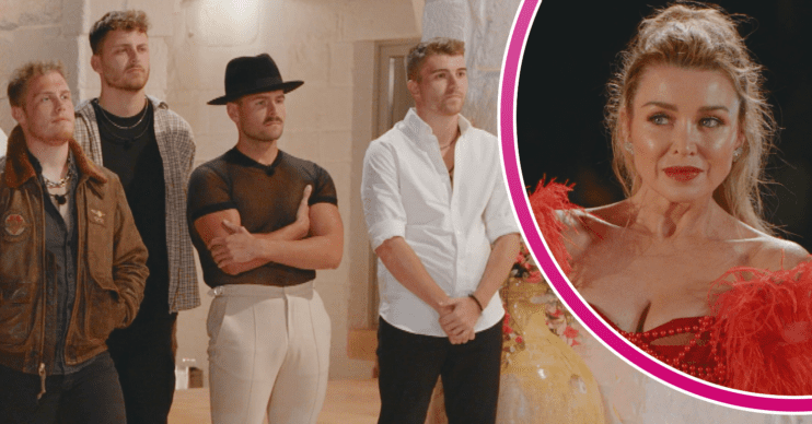Cast of I Kissed a Boy lined up and Dannii Minogue wearing a red caress