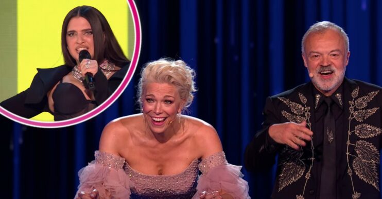 Eurovision UK entry Mae Muller with co-hosts Hannah Waddingham and Graham Norton