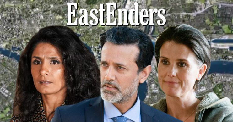 EastEnders' Suki, Nish and Eve, the EastEnders logo and background of the Thames